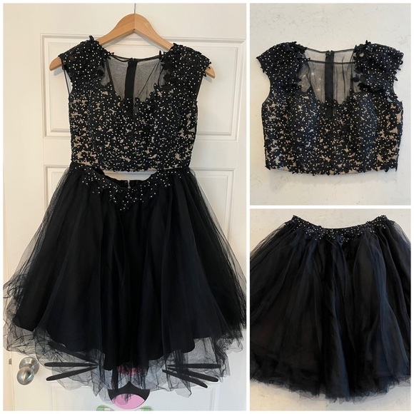 EMOTION Two Piece Cropped Black Mesh Glam Lace Tutu Mini Prom Punk Dress Outfit - Picture 1 of 14